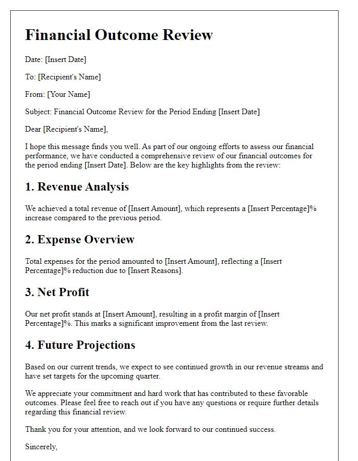 Letter template of financial outcome review