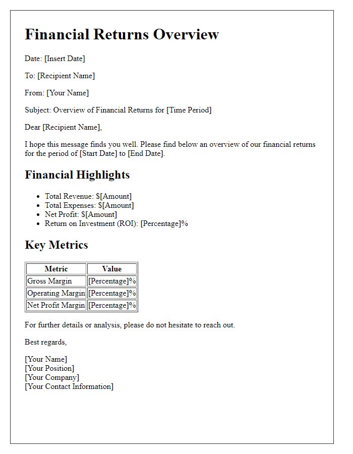 Letter template of financial returns overview