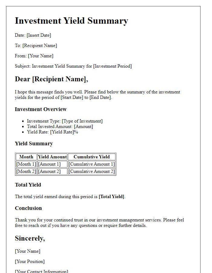 Letter template of investment yield summary