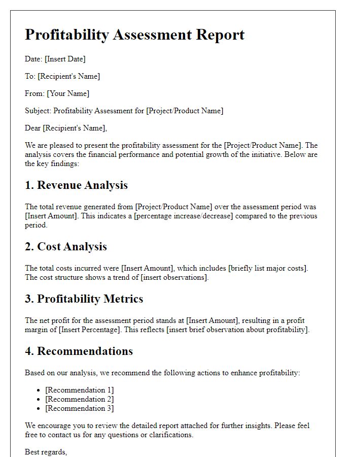 Letter template of profitability assessment