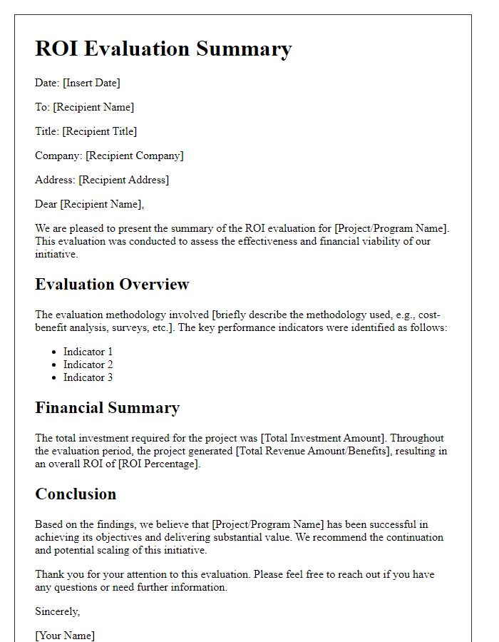 Letter template of ROI evaluation summary