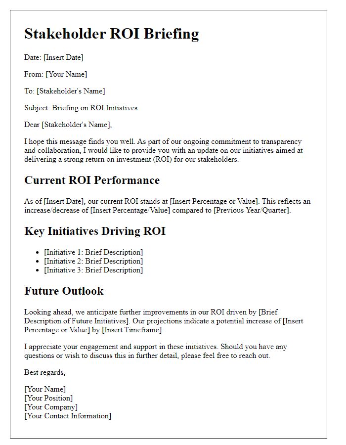 Letter template of stakeholder ROI briefing