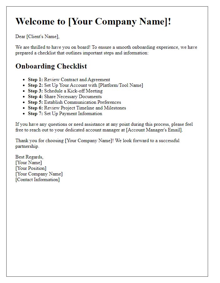 Letter template of Client Welcome and Onboarding Checklist