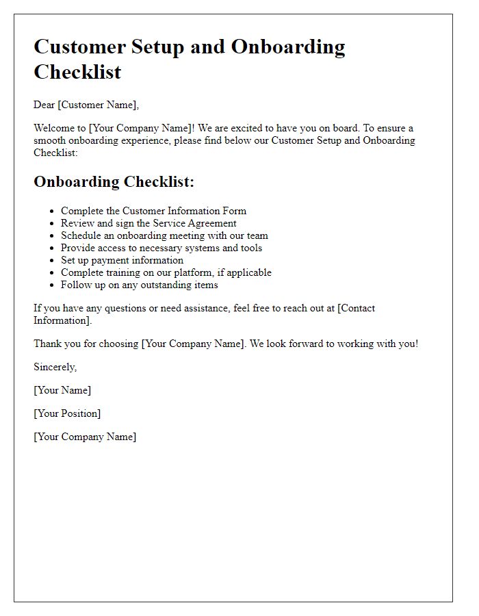 Letter template of Customer Setup and Onboarding Checklist