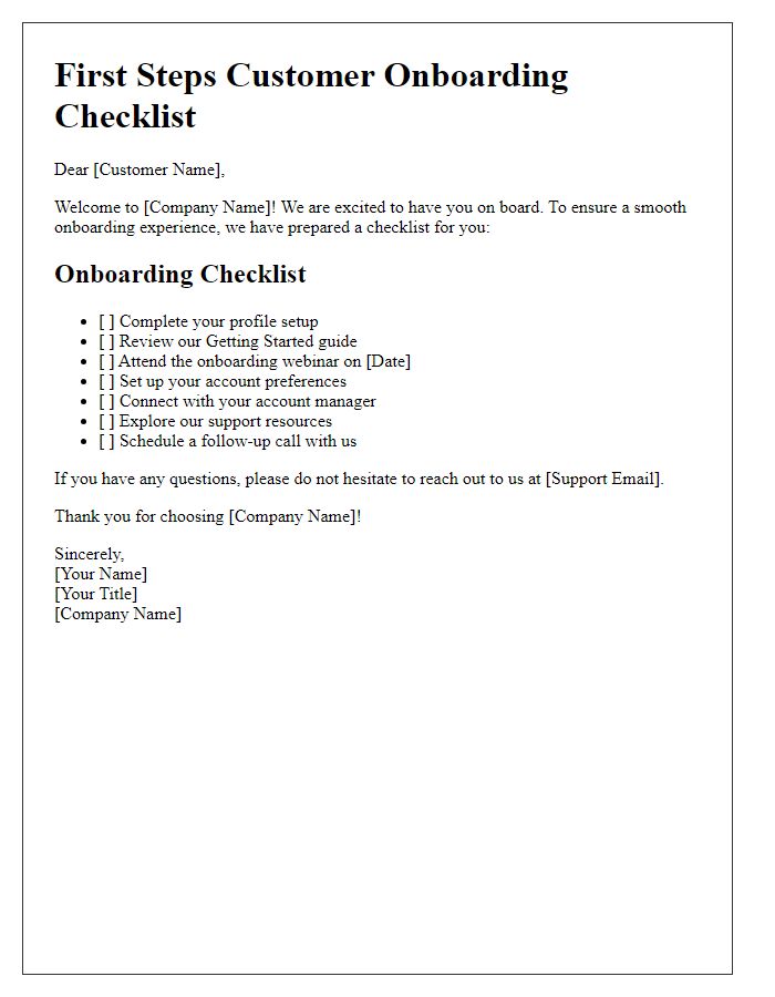 Letter template of First Steps Customer Onboarding Checklist