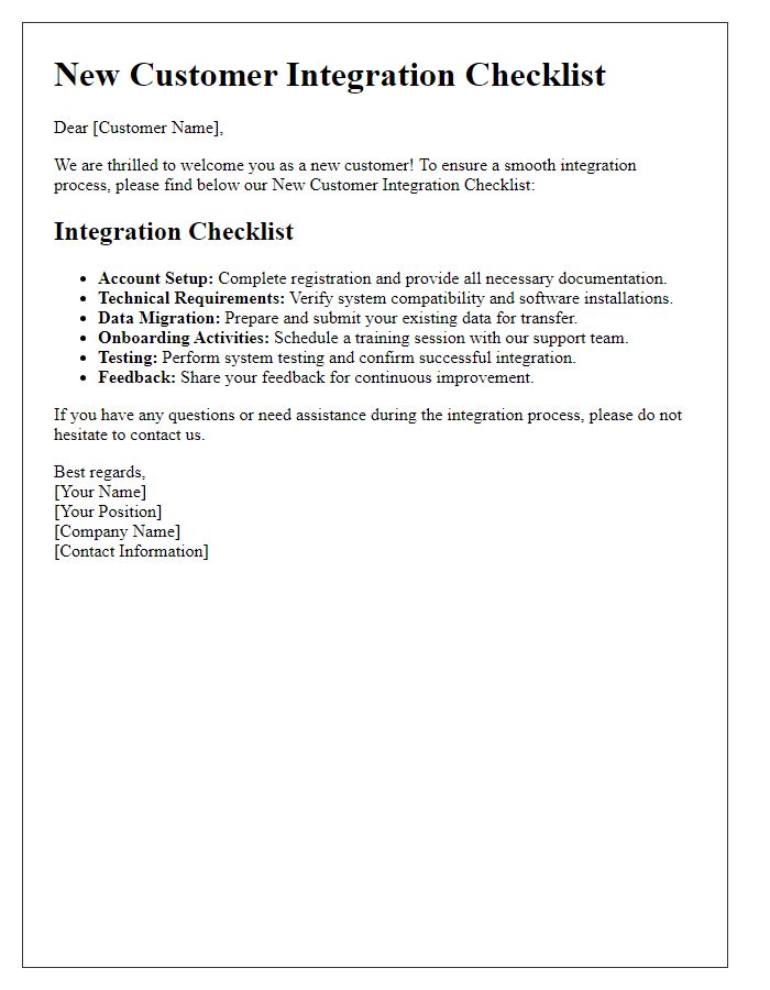 Letter template of New Customer Integration Checklist