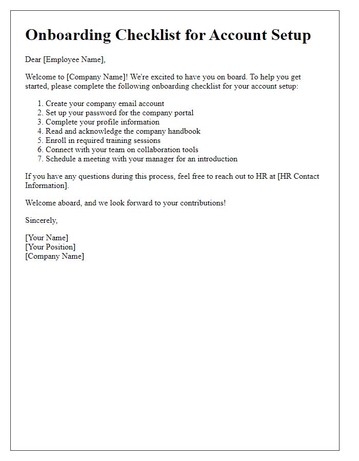 Letter template of Onboarding Checklist for Account Setup