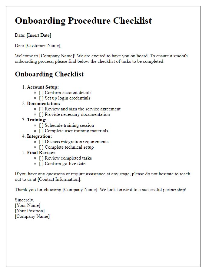 Letter template of Onboarding Procedure Checklist for Customers