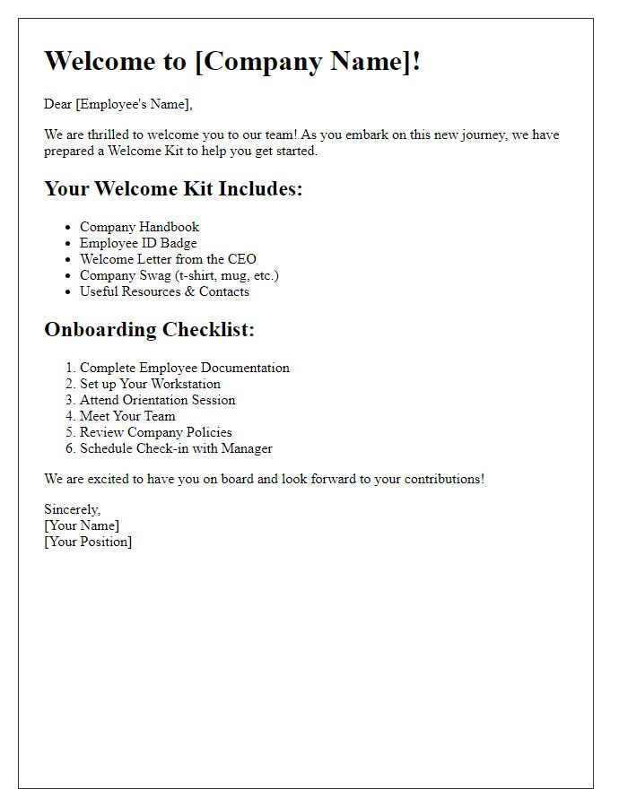 Letter template of Welcome Kit and Onboarding Checklist