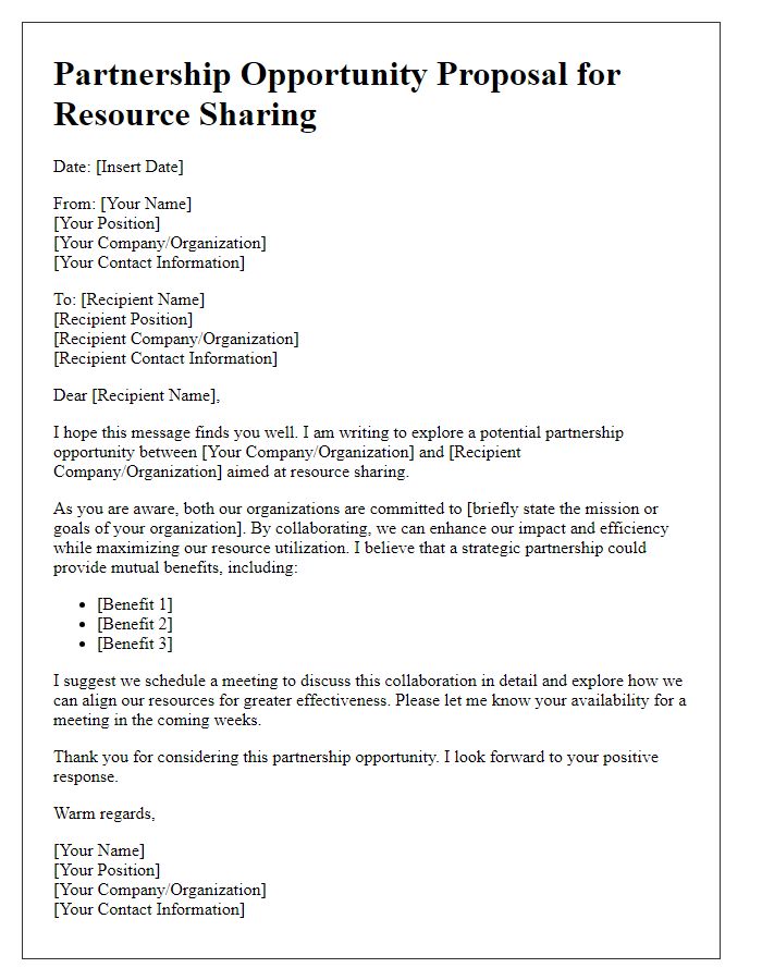 Letter template of partnership opportunity proposal for resource sharing