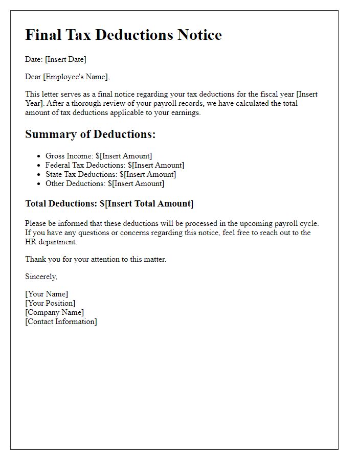 Letter template of final tax deductions notice