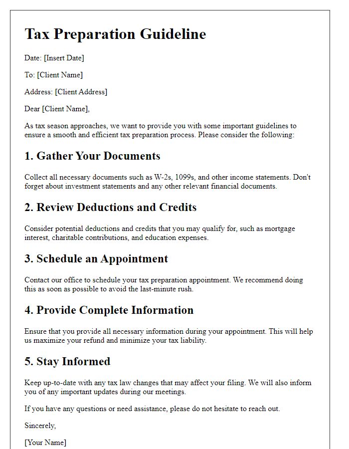 Letter template of tax preparation guideline