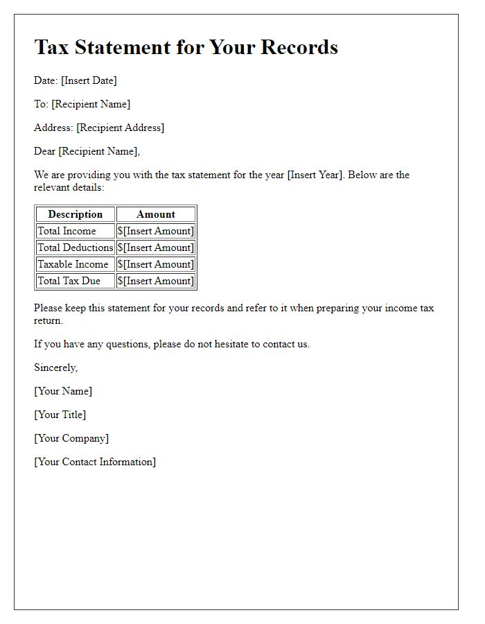 Letter template of tax statement for your records