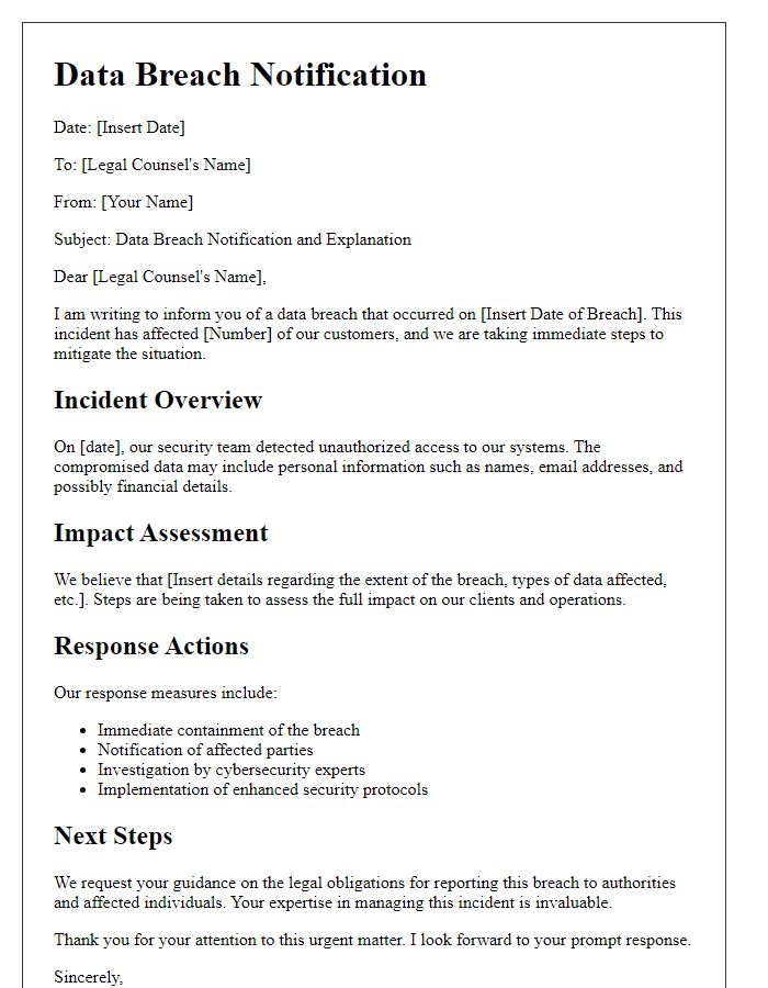 Letter template of data breach explanation for legal counsel