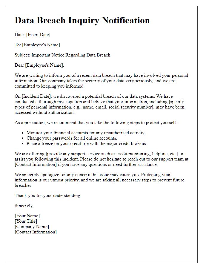 Letter template of data breach inquiry for affected employees