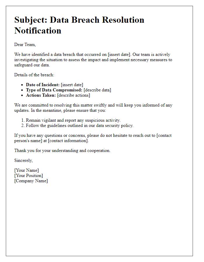 Letter template of data breach resolution for internal communication