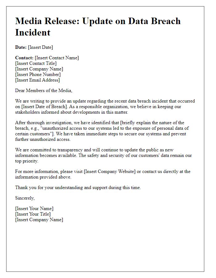 Letter template of data breach update for media release