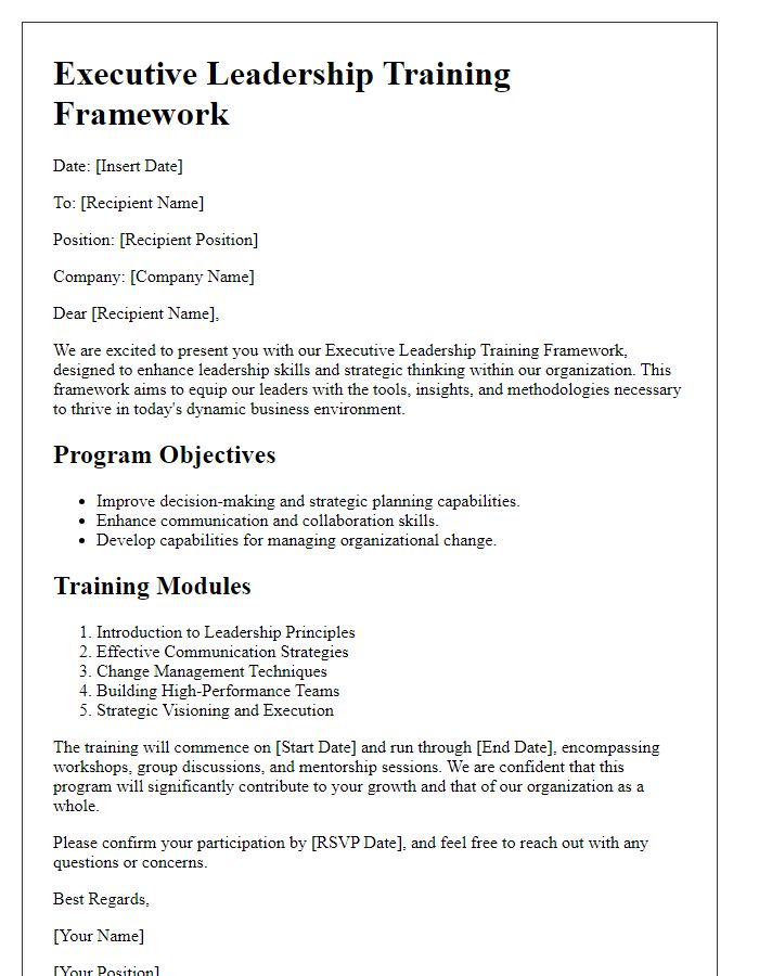 Letter template of an executive leadership training framework