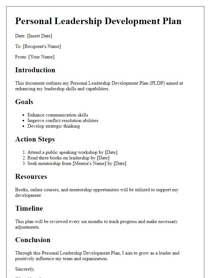 Letter template of a personal leadership development plan