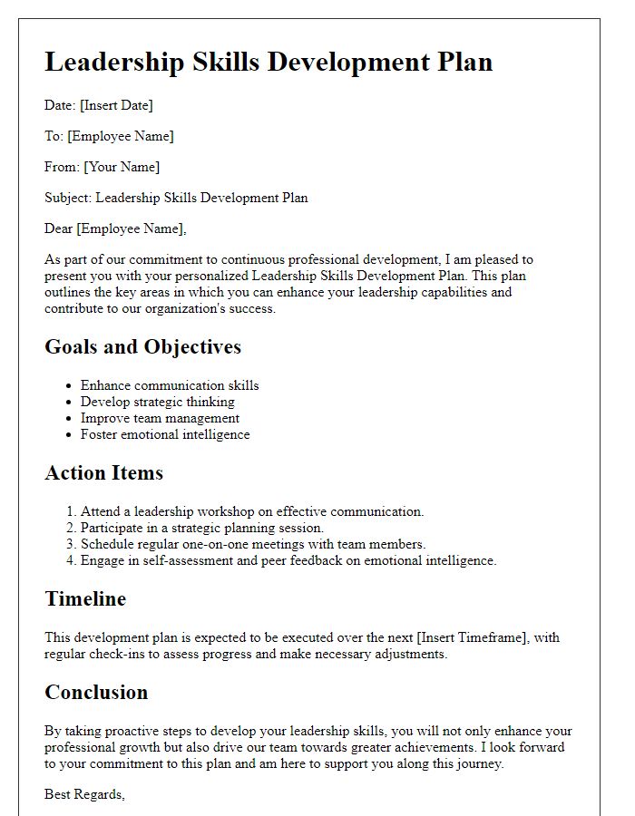 Letter template of a professional leadership skills development plan