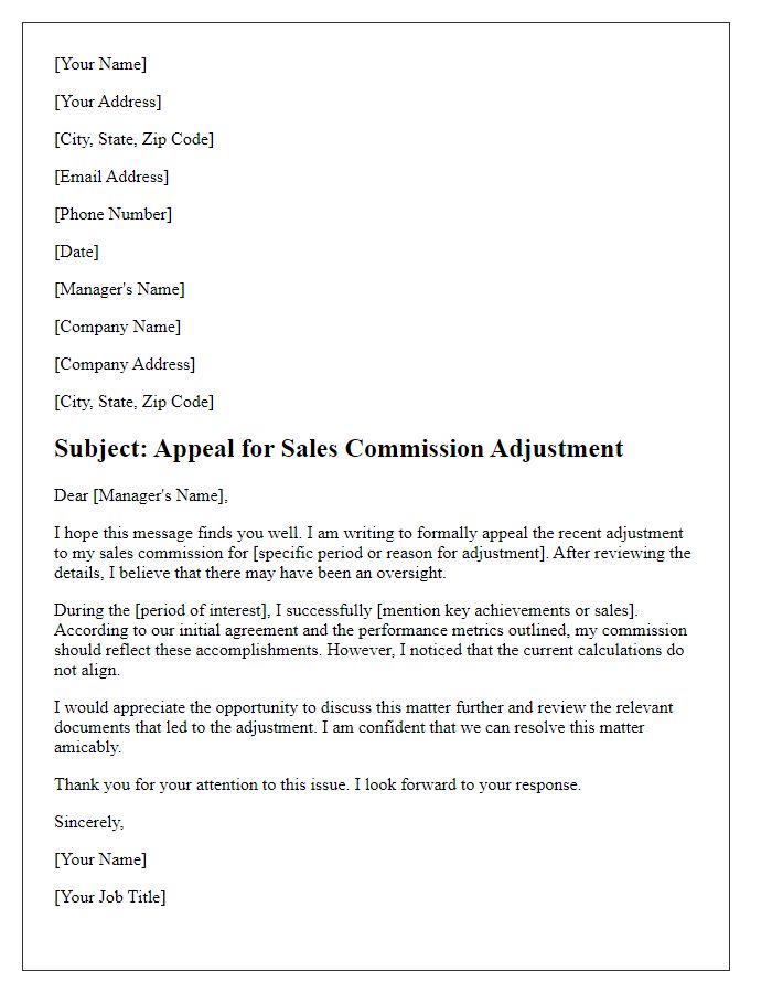 Letter template of sales commission adjustment appeal