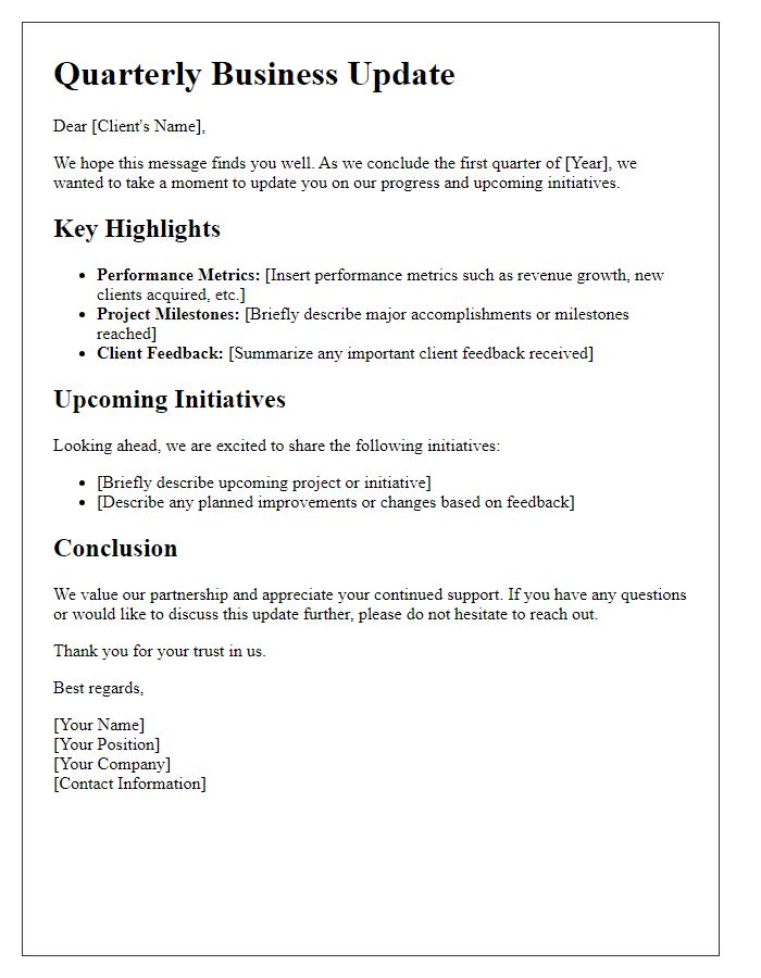 Letter template of Client Quarterly Business Update