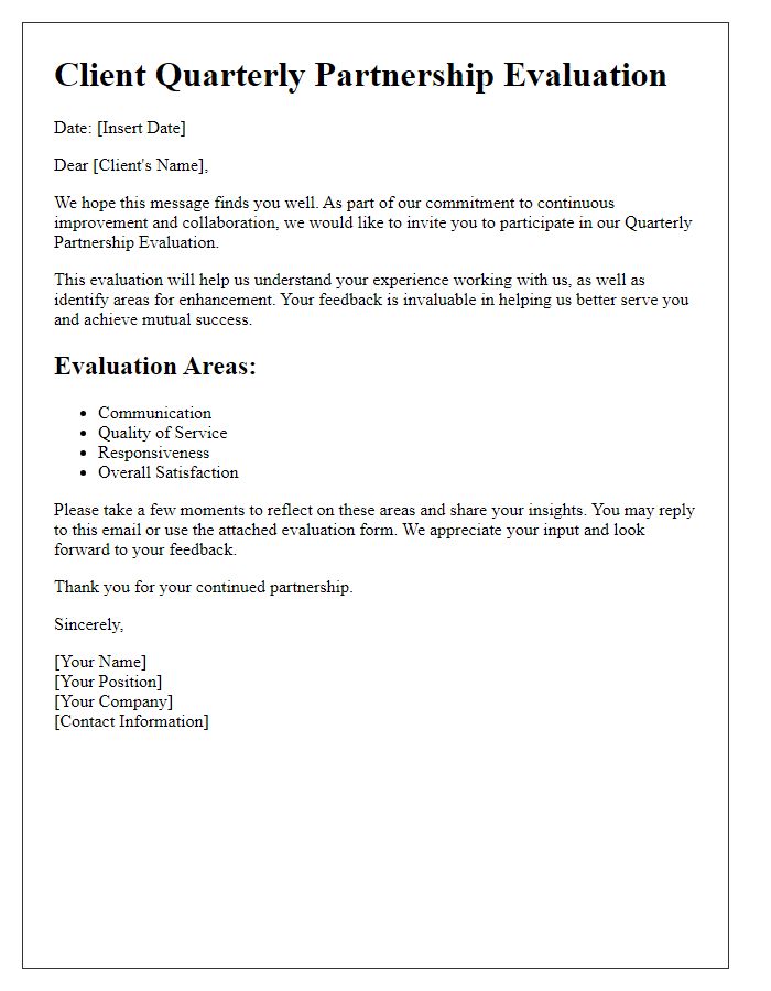 Letter template of Client Quarterly Partnership Evaluation