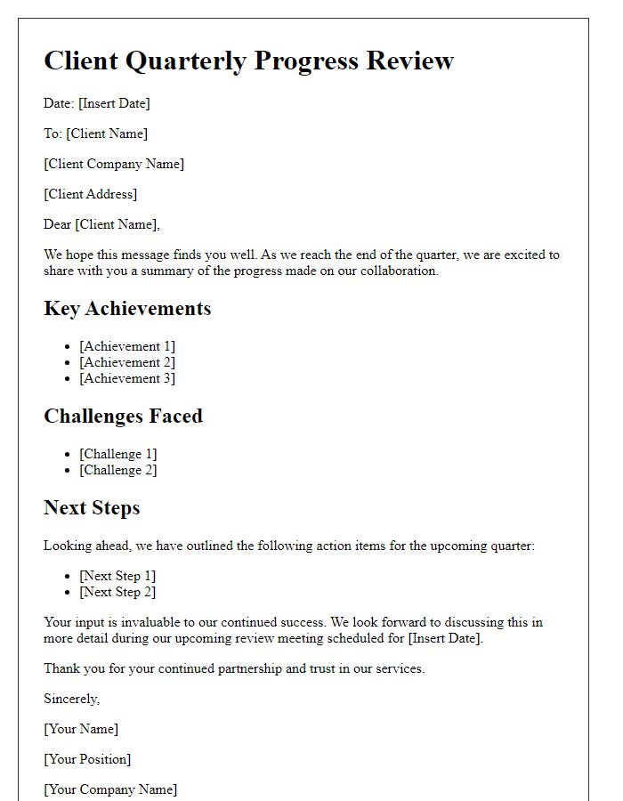Letter template of Client Quarterly Progress Review