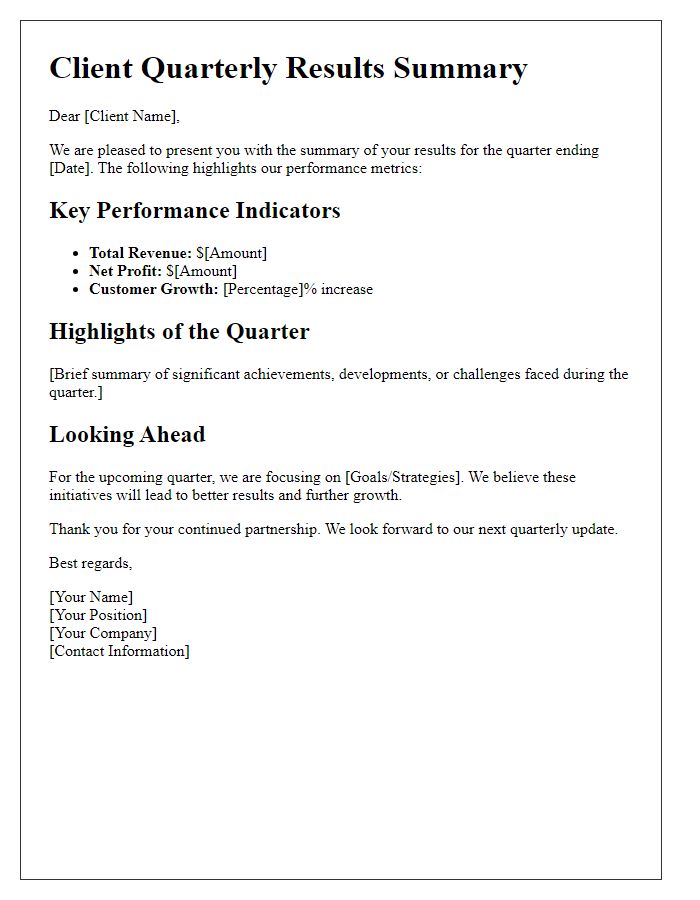 Letter template of Client Quarterly Results Summary