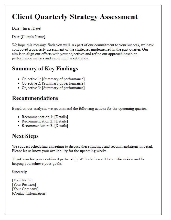 Letter template of Client Quarterly Strategy Assessment