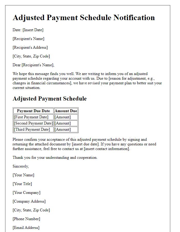 Letter template of adjusted payment schedule