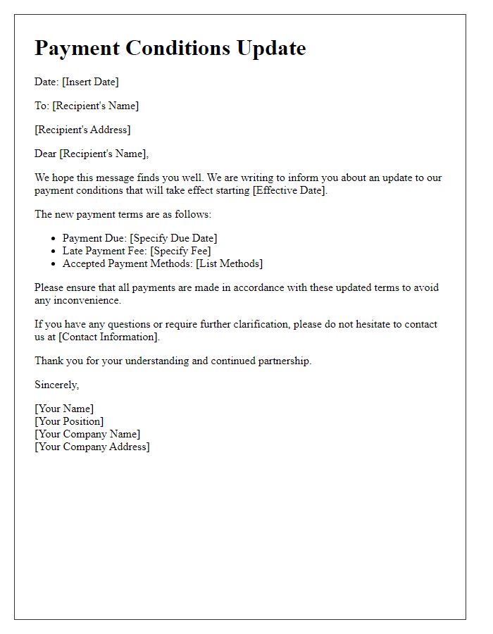 Letter template of payment conditions update