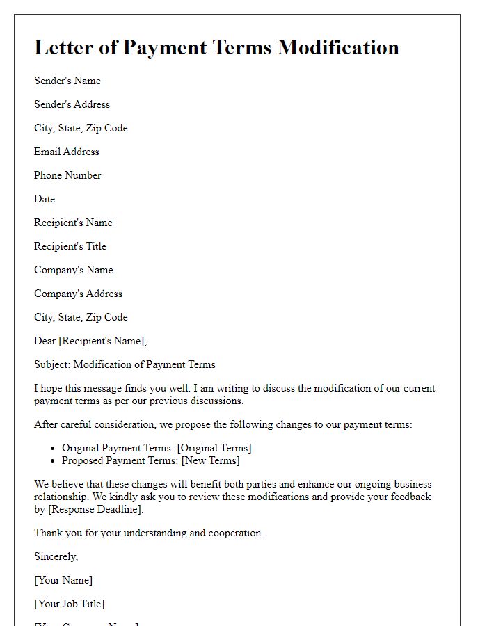 Letter template of payment terms modification