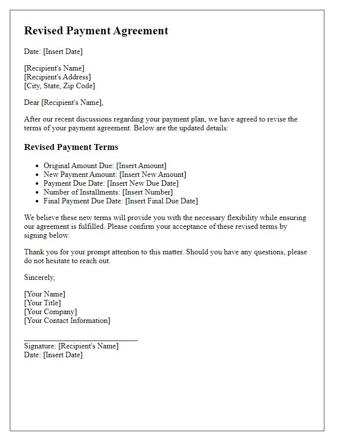 Letter template of revised payment agreement