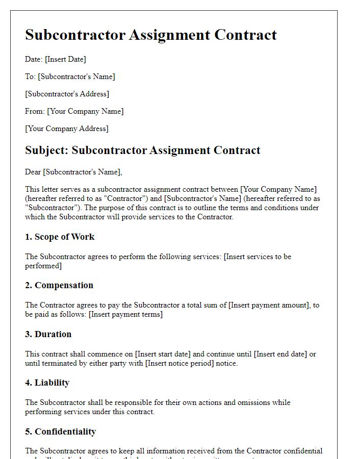 Letter template of subcontractor assignment contract