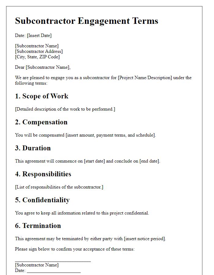 Letter template of subcontractor engagement terms