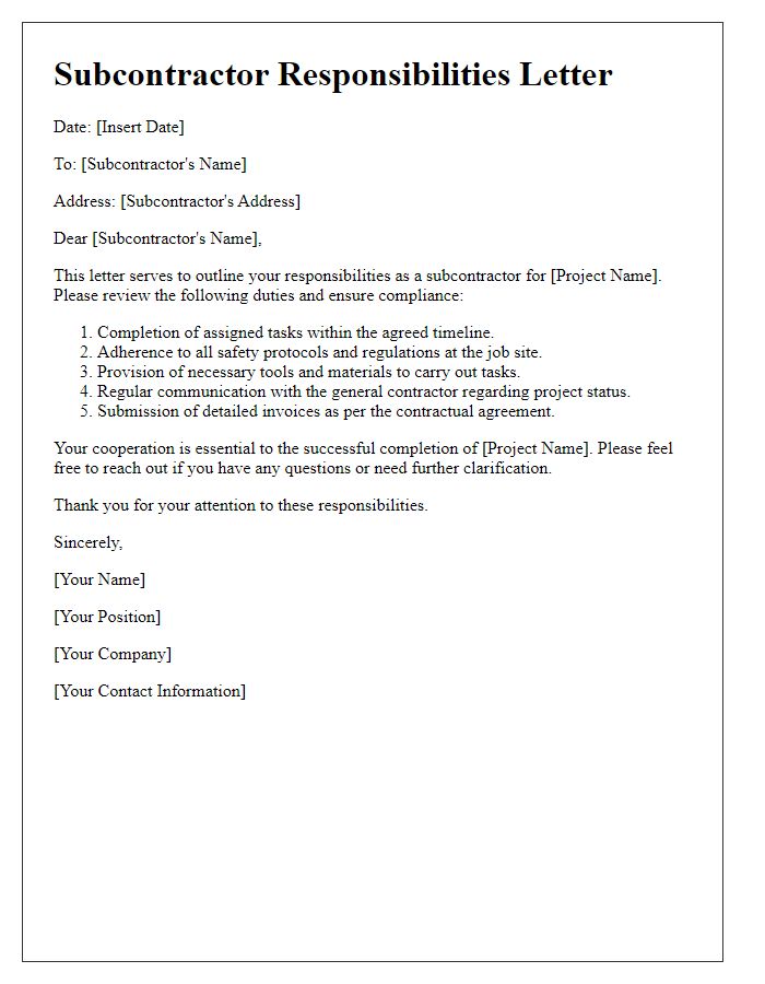 Letter template of subcontractor responsibilities letter