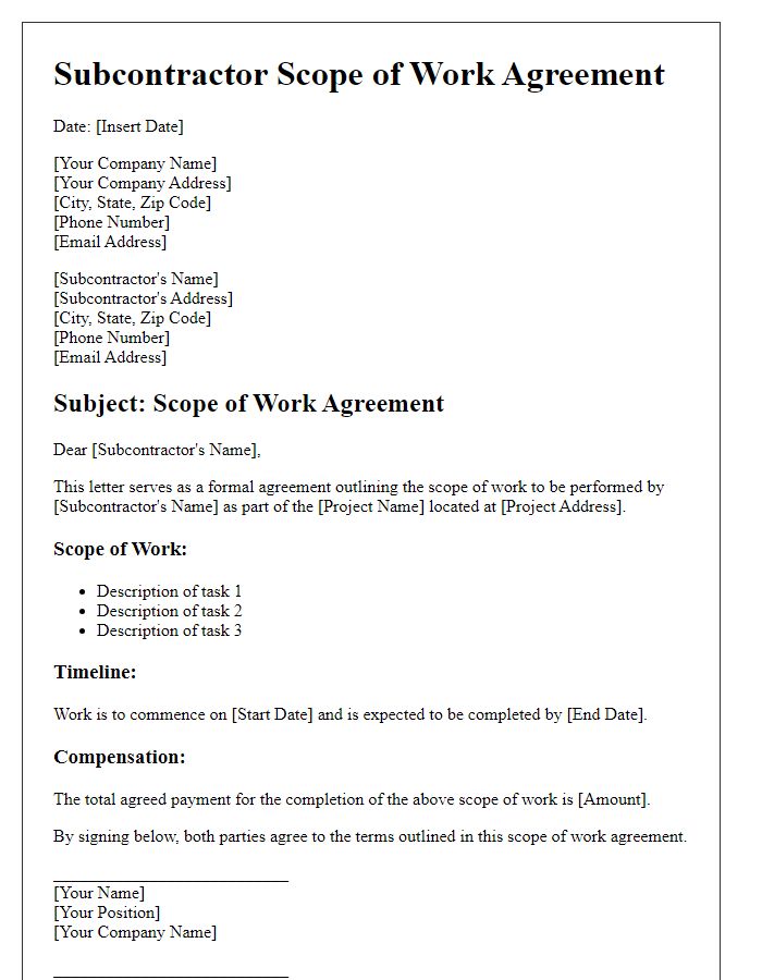 Letter template of subcontractor scope of work agreement