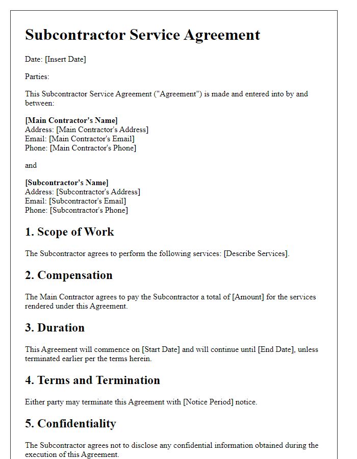 Letter template of subcontractor service agreement