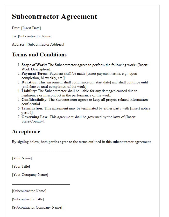 Letter template of subcontractor terms and conditions