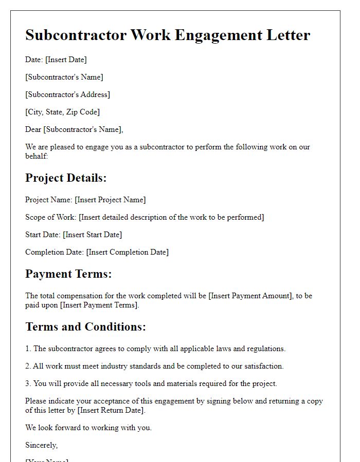 Letter template of subcontractor work engagement letter