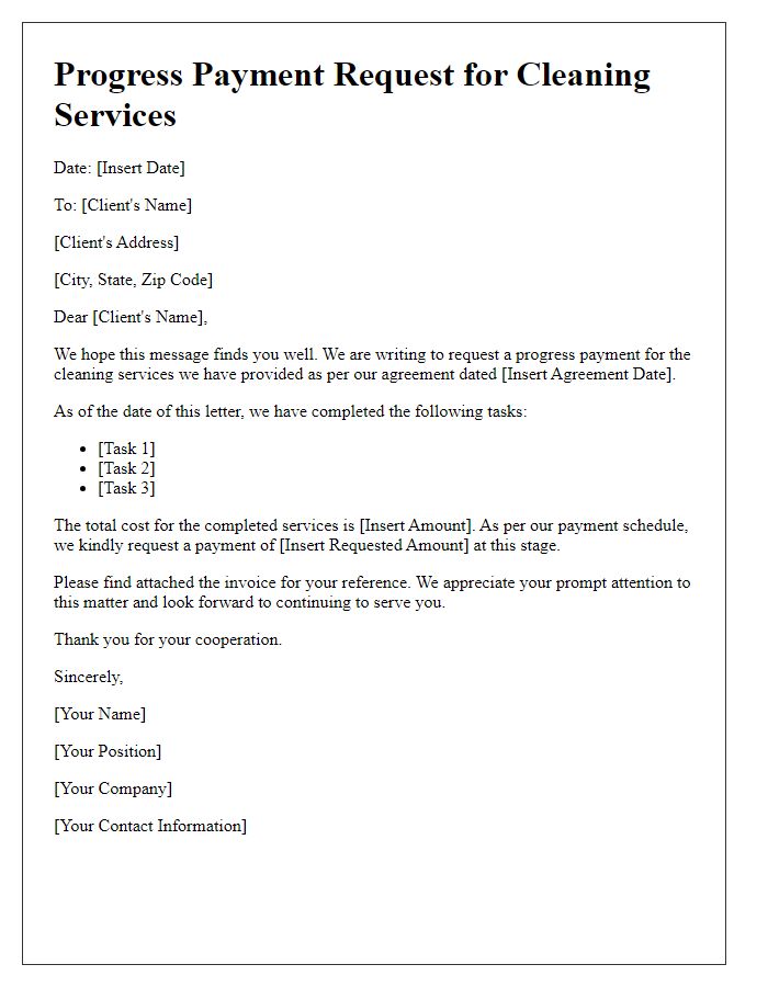 Letter template of progress payment request for cleaning services