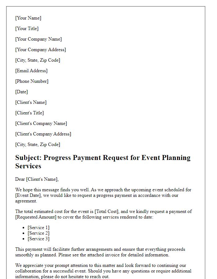 Letter template of progress payment request for event planning