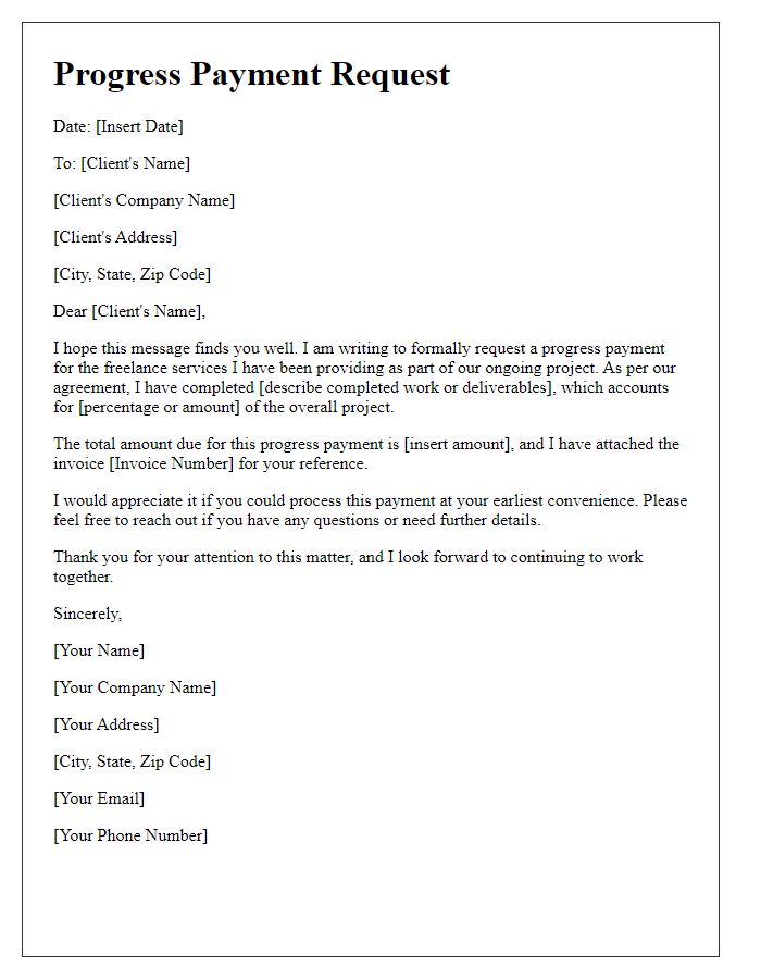 Letter template of progress payment request for freelance services