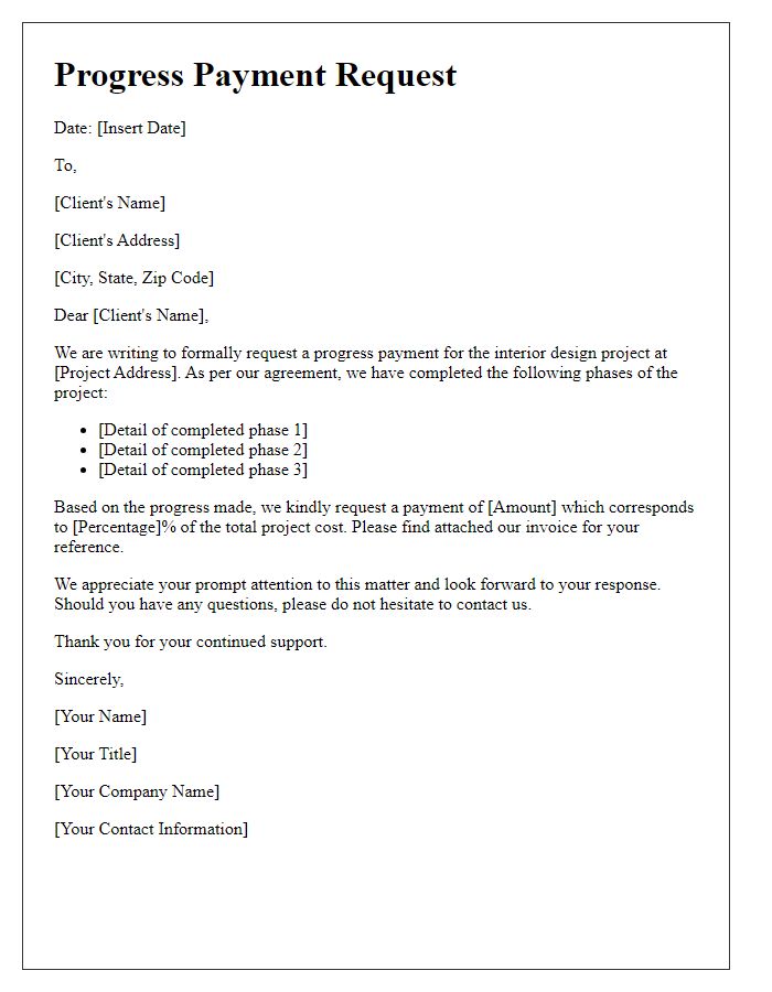 Letter template of progress payment request for interior design project