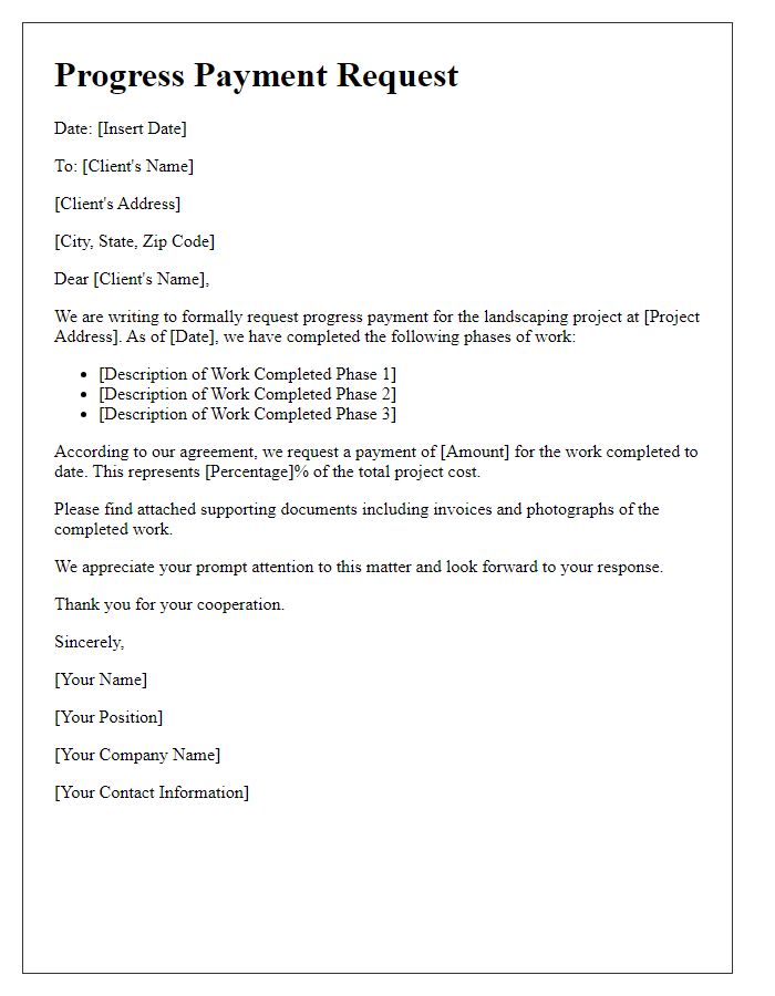 Letter template of progress payment request for landscaping project