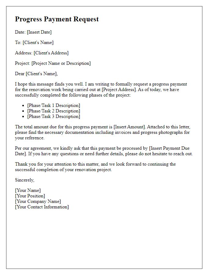 Letter template of progress payment request for renovation work