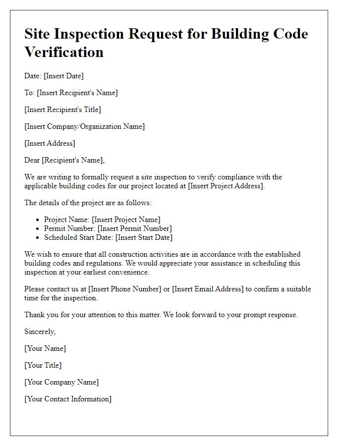 Letter template of site inspection request for building code verification.