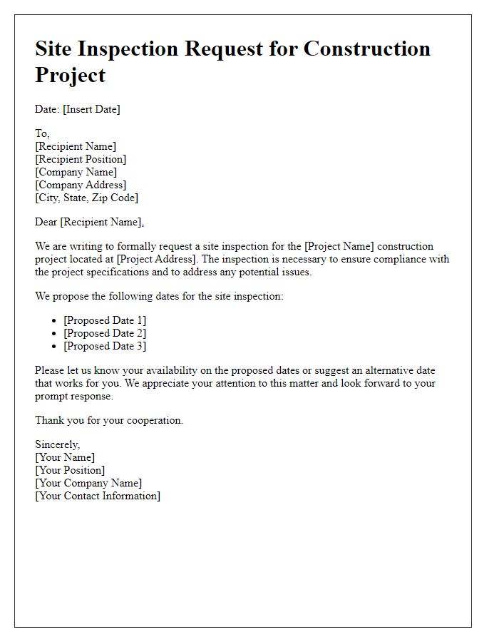 Letter template of site inspection request for construction project.