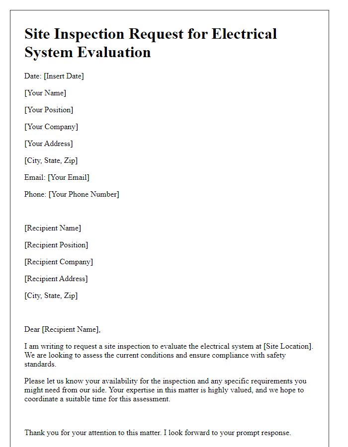 Letter template of site inspection request for electrical system evaluation.